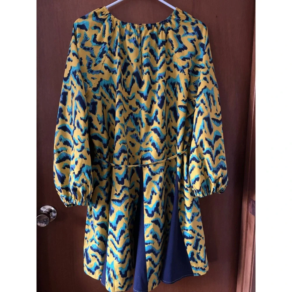 The Get Womens Print Mix Mini Dress Yellow Blue Ikat Long Sleeve Tie Waist L NEW